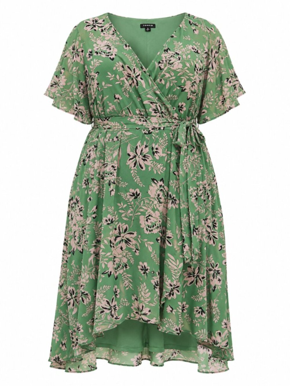 Torrid Green Pink Floral Faux Wrap High Low Midi Dress Size 5